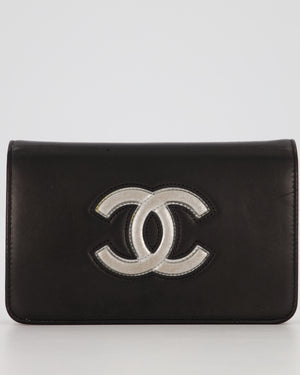 Chanel Black and Silver Wallet on Chain with Raised CC Logo on front in Lambskin Leather with Silver Hardware