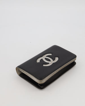 Chanel Black and Silver Wallet on Chain with Raised CC Logo on front in Lambskin Leather with Silver Hardware