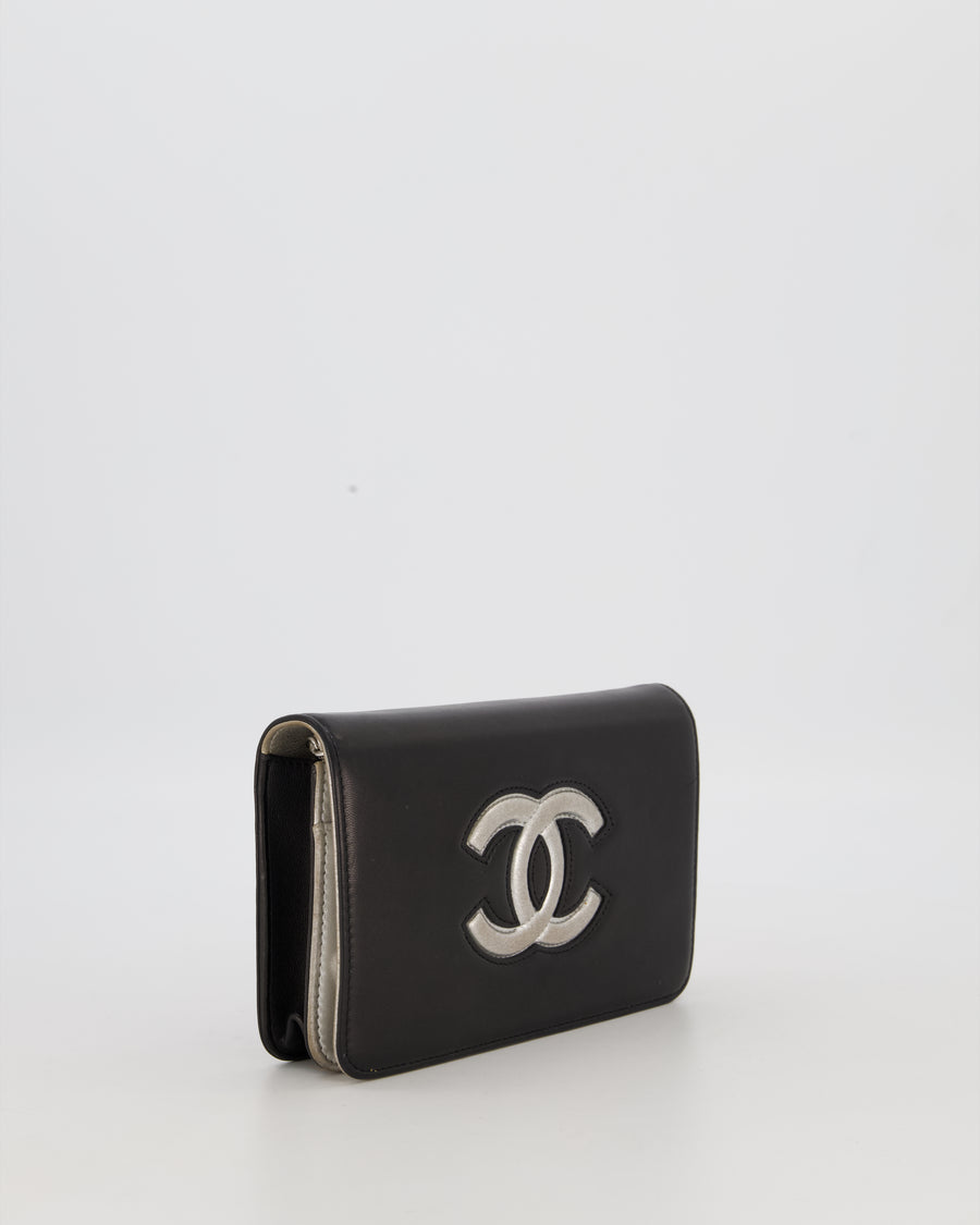 Chanel Black and Silver Wallet on Chain with Raised CC Logo on front in Lambskin Leather with Silver Hardware