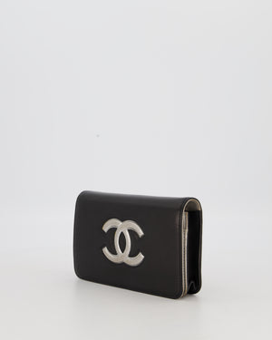 Chanel Black and Silver Wallet on Chain with Raised CC Logo on front in Lambskin Leather with Silver Hardware