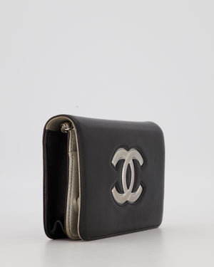 Chanel Black and Silver Wallet on Chain with Raised CC Logo on front in Lambskin Leather with Silver Hardware