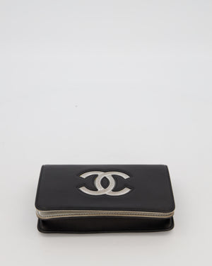 Chanel Black and Silver Wallet on Chain with Raised CC Logo on front in Lambskin Leather with Silver Hardware
