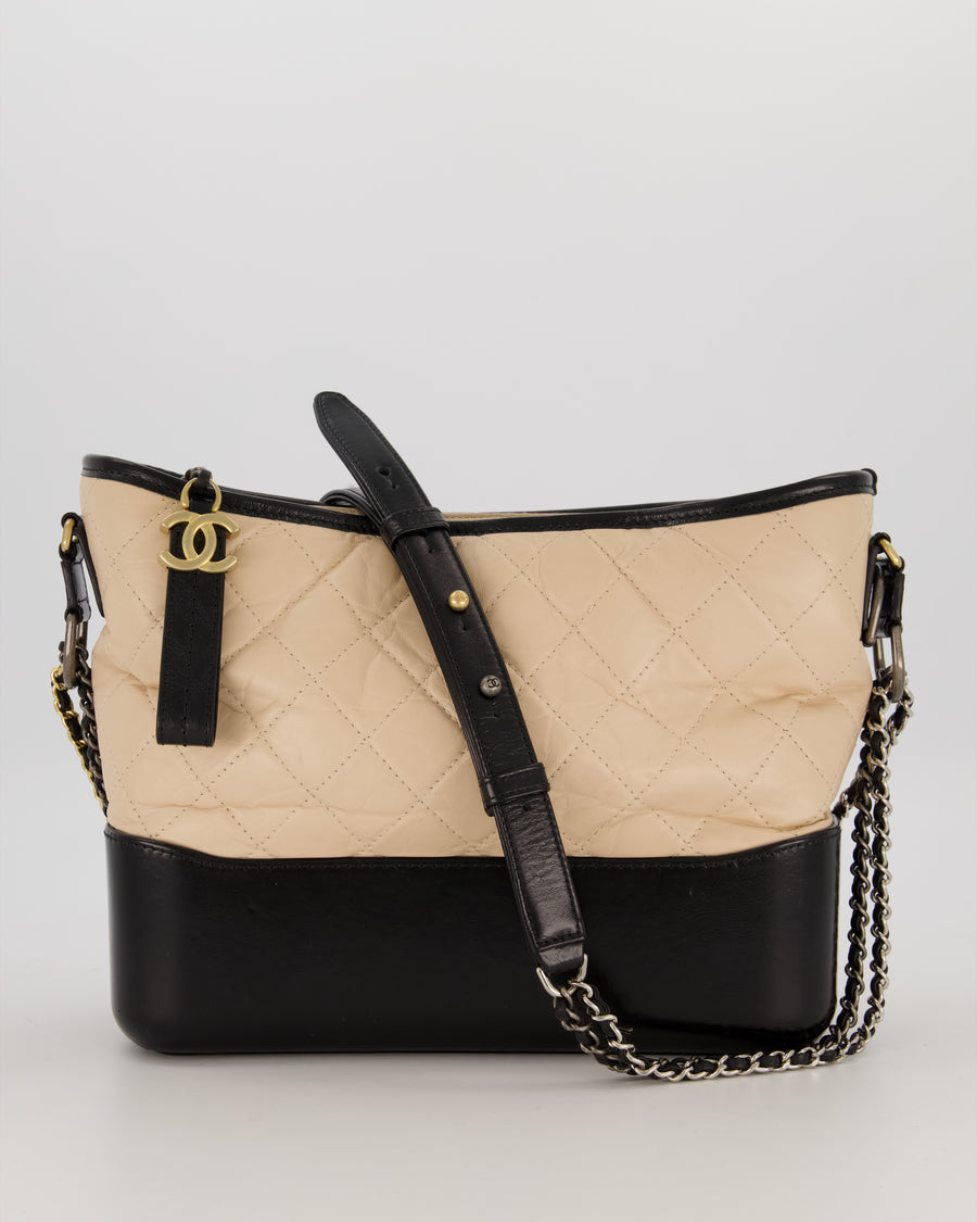 Chanel Large Gabrielle Bag in Beige and Black Crumpled Calfskin Leather with Mixed Hardware