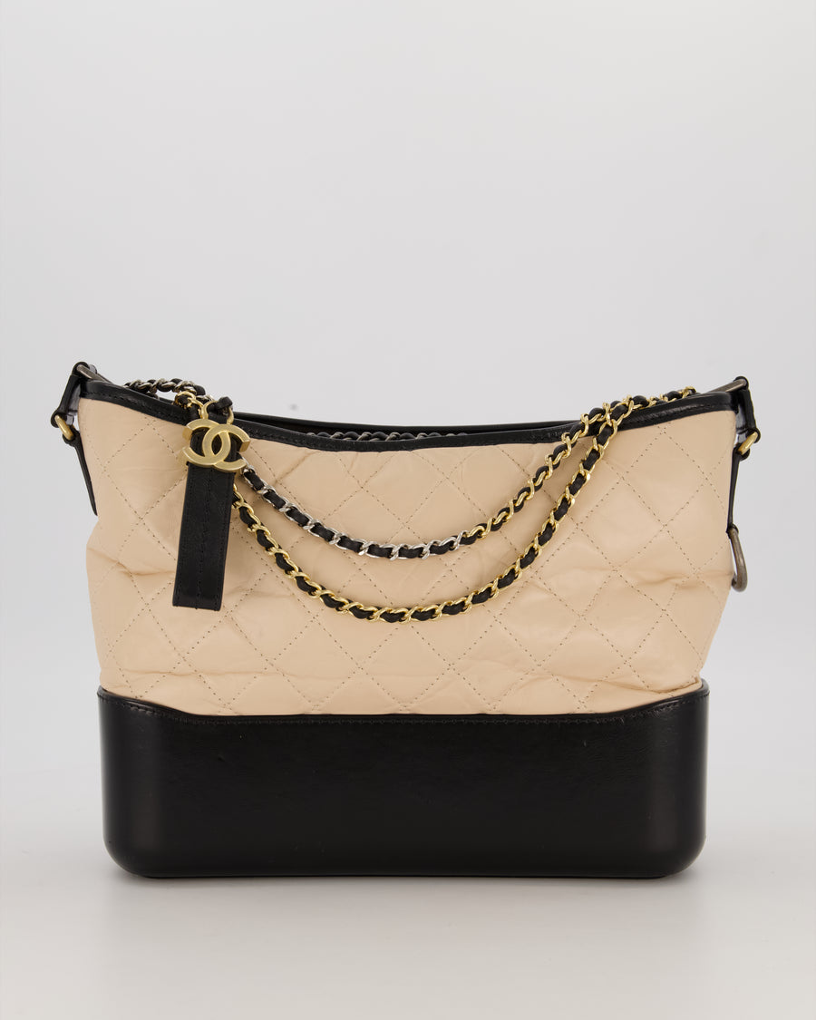 Chanel Large Gabrielle Bag in Beige and Black Crumpled Calfskin Leather with Mixed Hardware