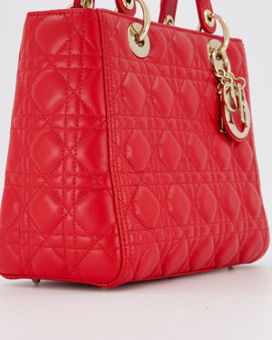 Christian Dior Medium Lady Dior Bag in Red Lambskin Leather With Champagne Gold Hardware