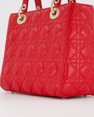 Christian Dior Medium Lady Dior Bag in Red Lambskin Leather With Champagne Gold Hardware