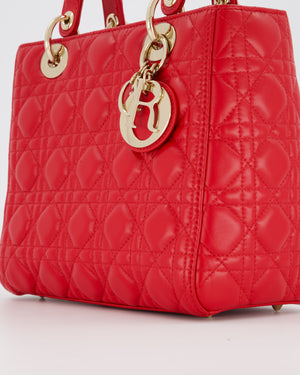 Christian Dior Medium Lady Dior Bag in Red Lambskin Leather With Champagne Gold Hardware