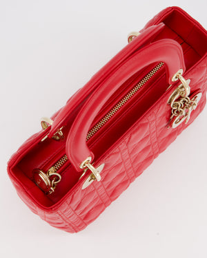 Christian Dior Medium Lady Dior Bag in Red Lambskin Leather With Champagne Gold Hardware