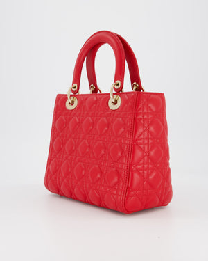 Christian Dior Medium Lady Dior Bag in Red Lambskin Leather With Champagne Gold Hardware