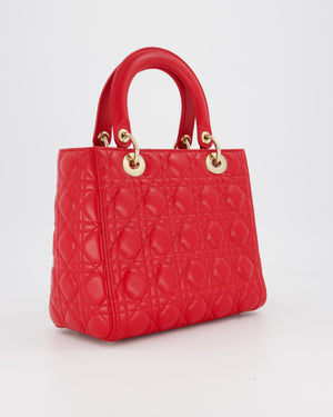 Christian Dior Medium Lady Dior Bag in Red Lambskin Leather With Champagne Gold Hardware