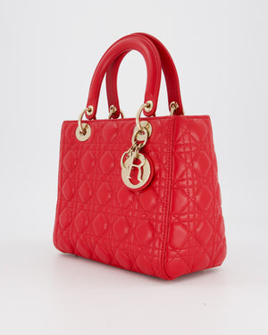 Christian Dior Medium Lady Dior Bag in Red Lambskin Leather With Champagne Gold Hardware