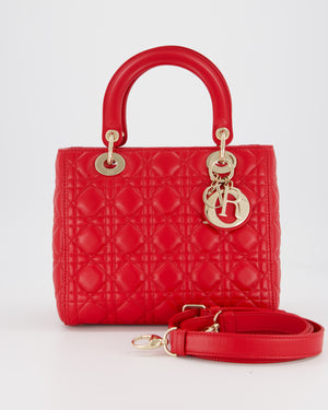 Christian Dior Medium Lady Dior Bag in Red Lambskin Leather With Champagne Gold Hardware