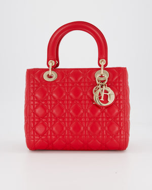 Christian Dior Medium Lady Dior Bag in Red Lambskin Leather With Champagne Gold Hardware