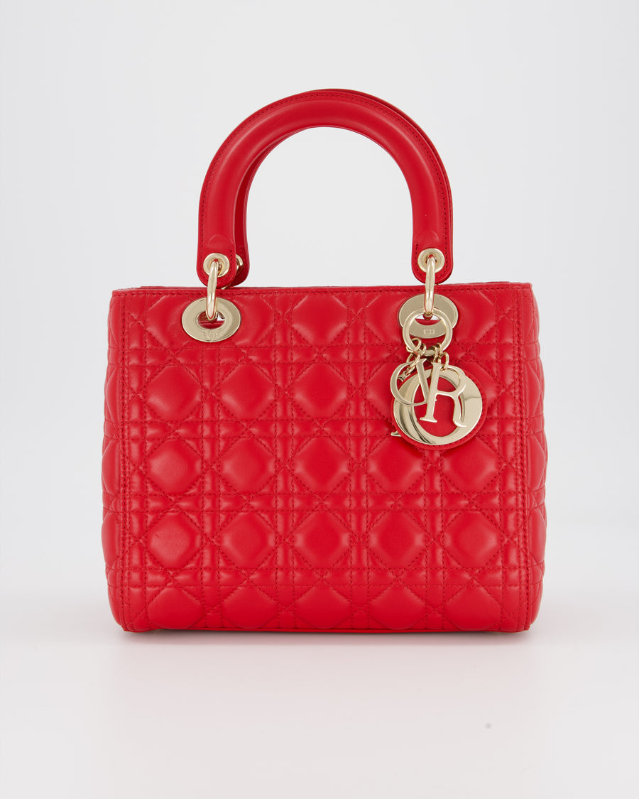 Christian Dior Medium Lady Dior Bag in Red Lambskin Leather With Champagne Gold Hardware