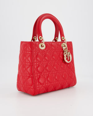 Christian Dior Medium Lady Dior Bag in Red Lambskin Leather With Champagne Gold Hardware
