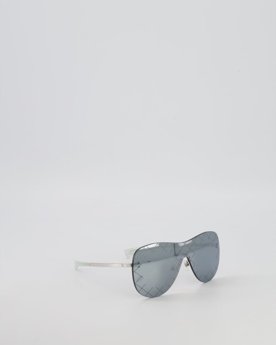 Chanel Silver Quilted 71158 Mirrored Shield Sunglasses