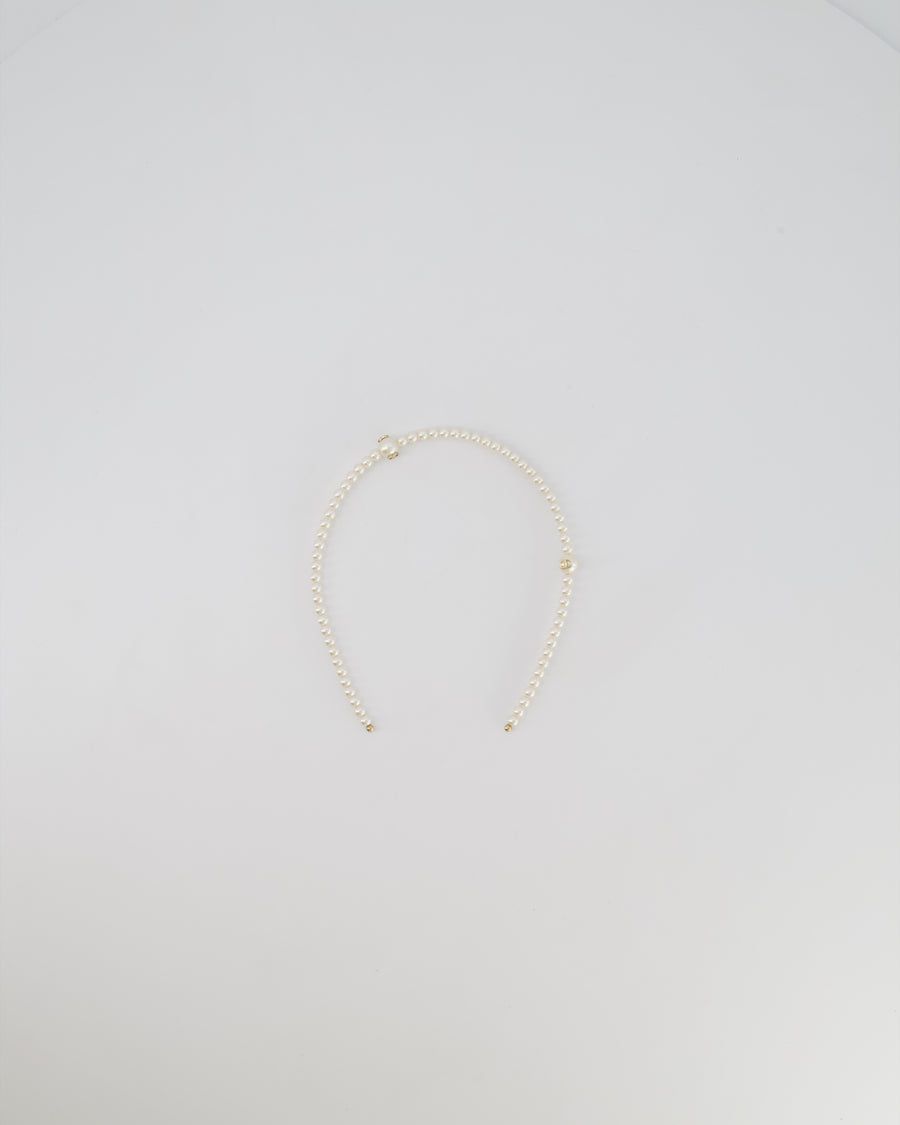 Chanel White Pearl Headband with Gold CC Details