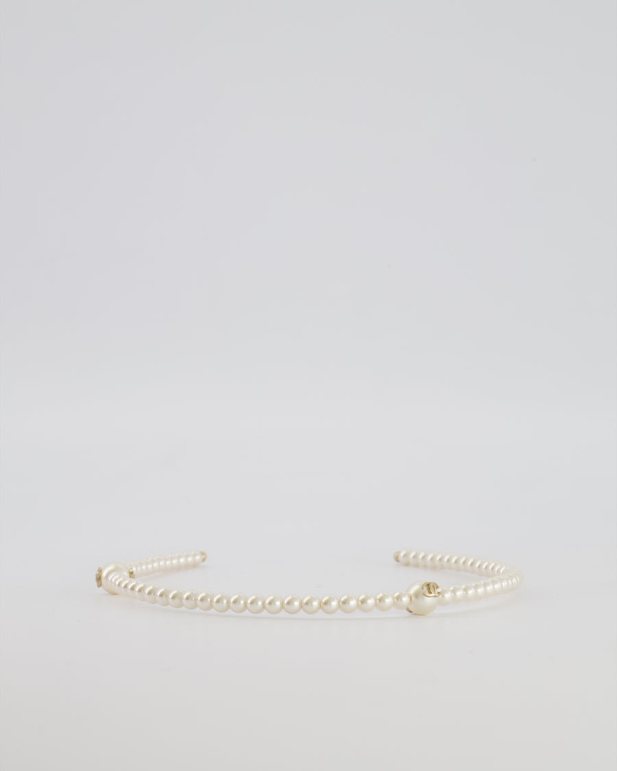 Chanel White Pearl Headband with Gold CC Details