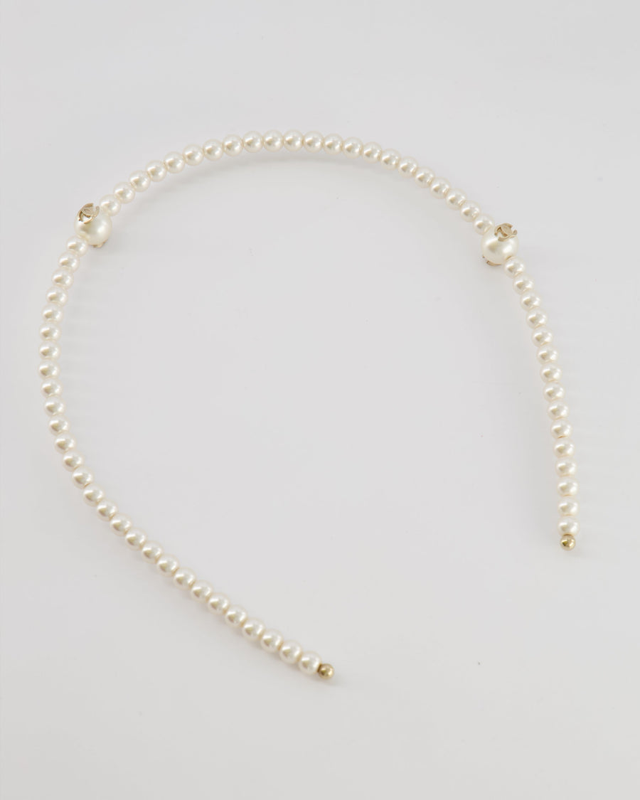 Chanel White Pearl Headband with Gold CC Details