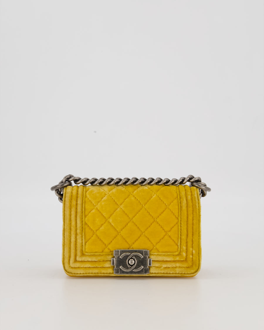 Chanel Mini Boy Bag in Mustard Yellow Velvet with Ruthenium Hardware
