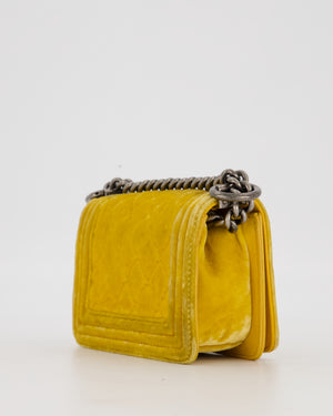 Chanel Mini Boy Bag in Mustard Yellow Velvet with Ruthenium Hardware