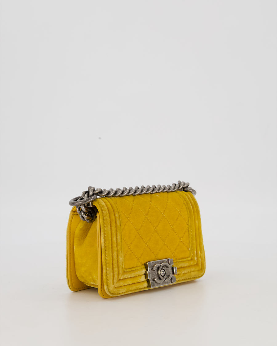 Chanel Mini Boy Bag in Mustard Yellow Velvet with Ruthenium Hardware