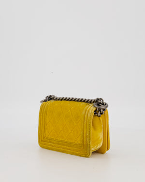Chanel Mini Boy Bag in Mustard Yellow Velvet with Ruthenium Hardware