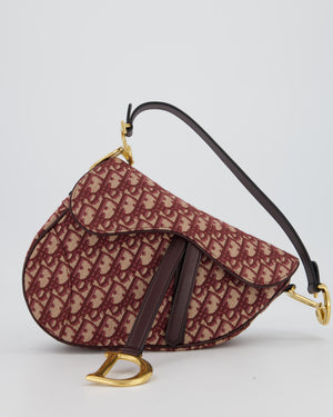 Christian Dior Medium Saddle Bag in Burgundy Oblique Canvas and Calfskin Leather with Gold Hardware and Studded Shoulder Strap