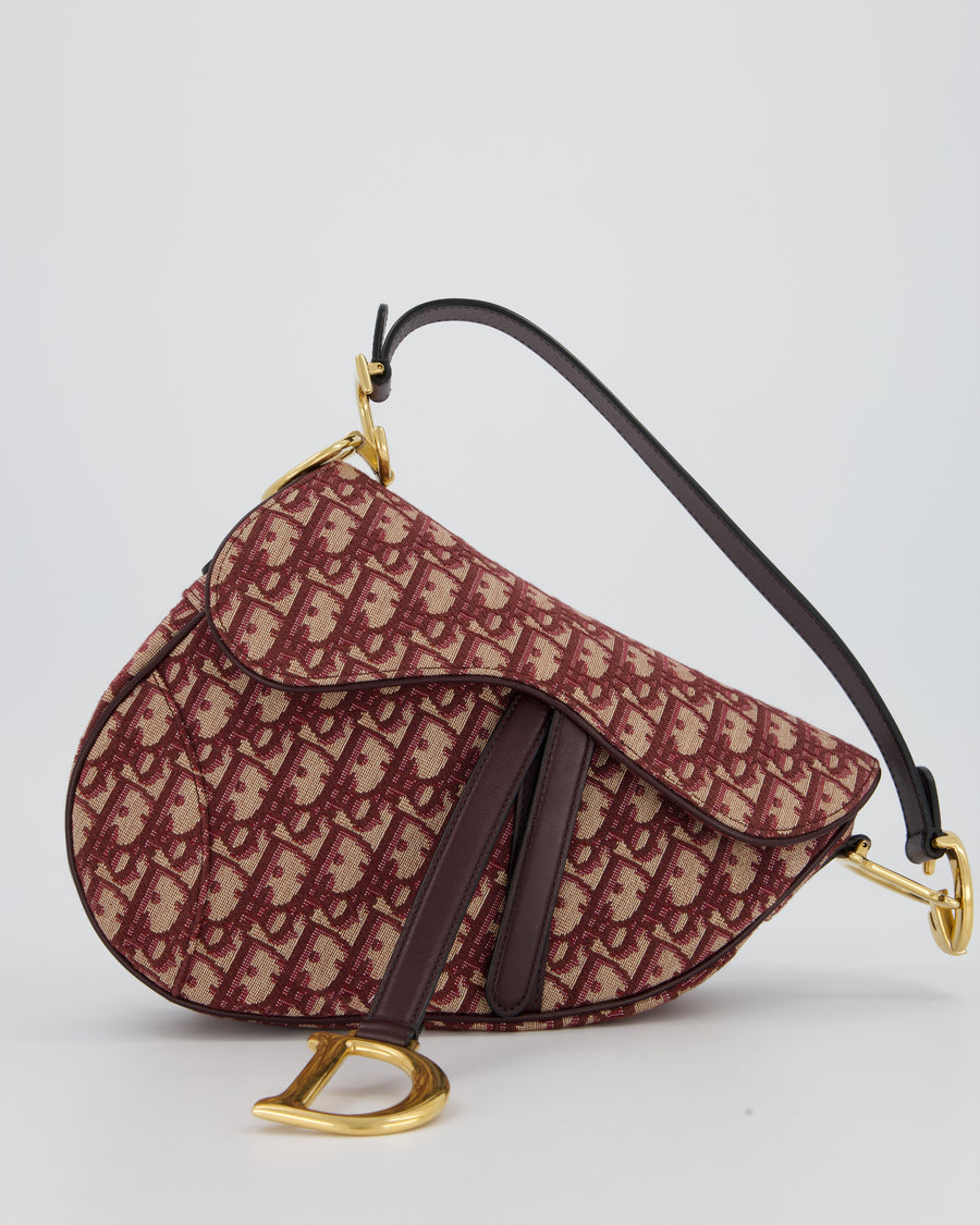 Christian Dior Medium Saddle Bag in Burgundy Oblique Canvas and Calfskin Leather with Gold Hardware and Studded Shoulder Strap