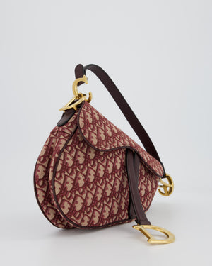 Christian Dior Medium Saddle Bag in Burgundy Oblique Canvas and Calfskin Leather with Gold Hardware and Studded Shoulder Strap