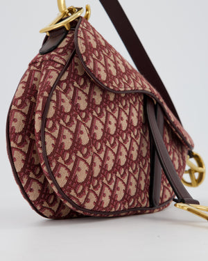 Christian Dior Medium Saddle Bag in Burgundy Oblique Canvas and Calfskin Leather with Gold Hardware and Studded Shoulder Strap