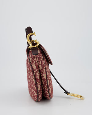 Christian Dior Medium Saddle Bag in Burgundy Oblique Canvas and Calfskin Leather with Gold Hardware and Studded Shoulder Strap