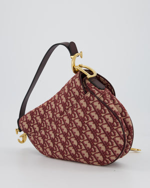 Christian Dior Medium Saddle Bag in Burgundy Oblique Canvas and Calfskin Leather with Gold Hardware and Studded Shoulder Strap