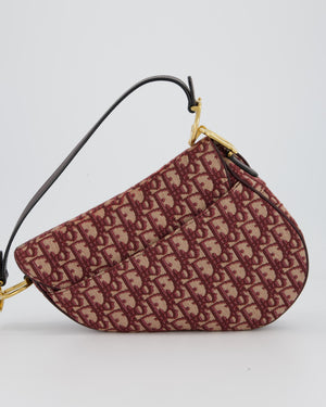 Christian Dior Medium Saddle Bag in Burgundy Oblique Canvas and Calfskin Leather with Gold Hardware and Studded Shoulder Strap