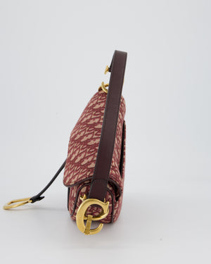 Christian Dior Medium Saddle Bag in Burgundy Oblique Canvas and Calfskin Leather with Gold Hardware and Studded Shoulder Strap