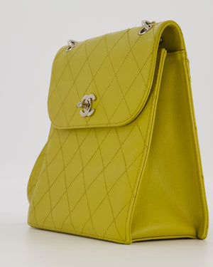 Chanel Vintage Acid Green Kelly Flap Top Handle Shoulder Bag in Caviar Leather with Silver Hardware