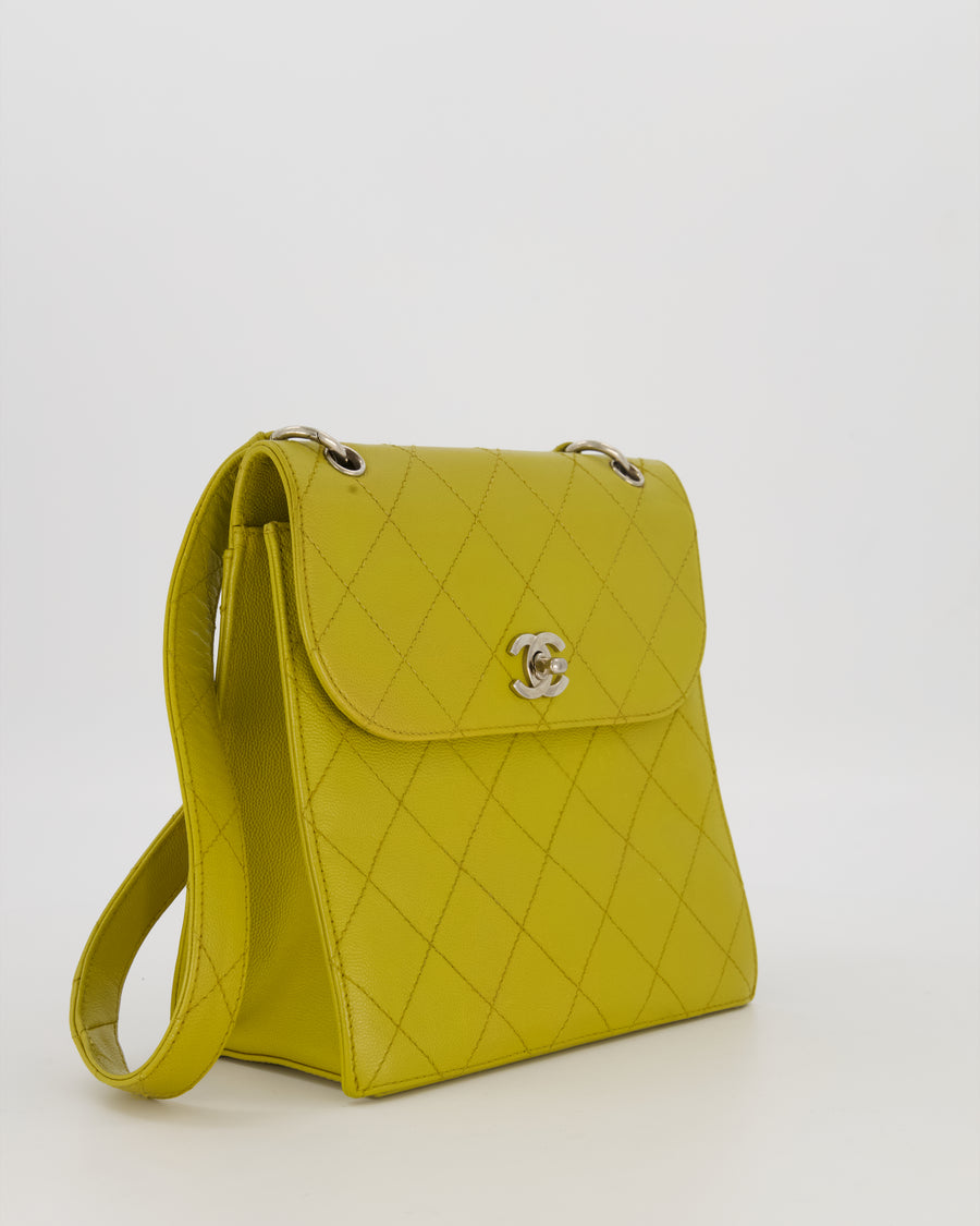 Chanel Vintage Acid Green Kelly Flap Top Handle Shoulder Bag in Caviar Leather with Silver Hardware