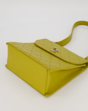 Chanel Vintage Acid Green Kelly Flap Top Handle Shoulder Bag in Caviar Leather with Silver Hardware