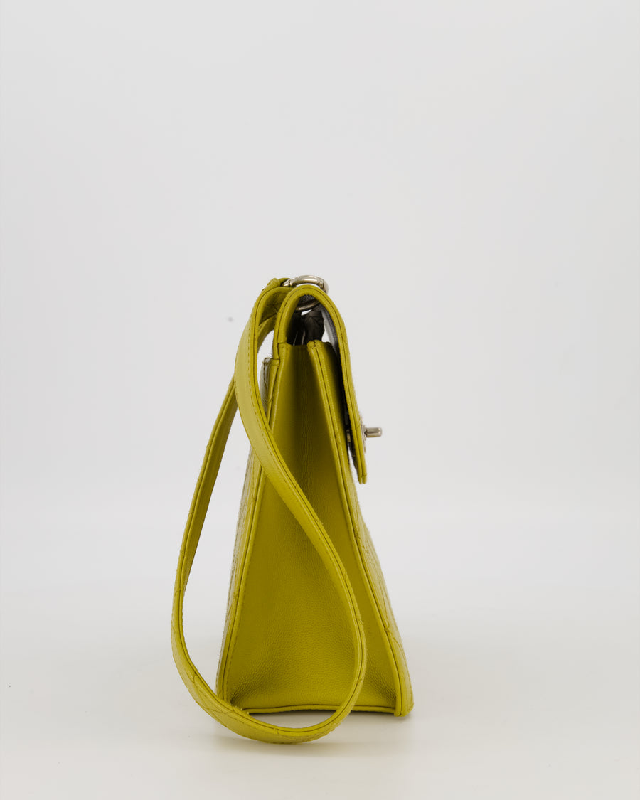 Chanel Vintage Acid Green Kelly Flap Top Handle Shoulder Bag in Caviar Leather with Silver Hardware