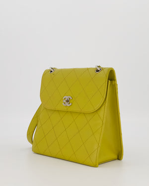 Chanel Vintage Acid Green Kelly Flap Top Handle Shoulder Bag in Caviar Leather with Silver Hardware