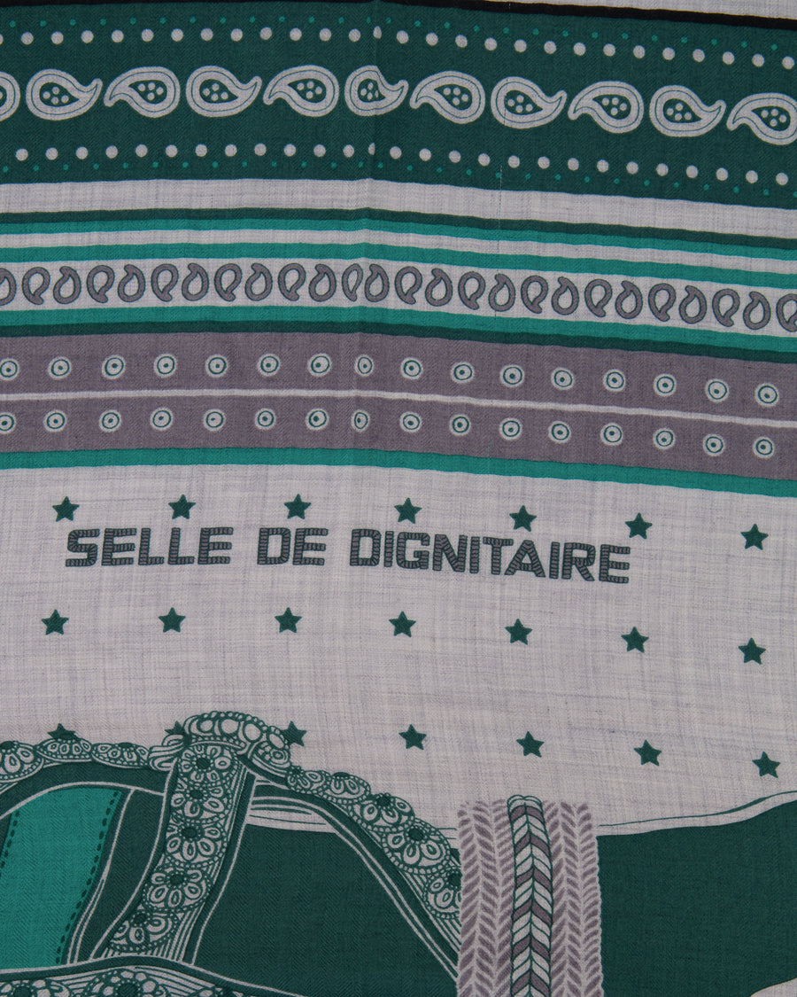 Hermès Green "Selle De Dignitaire" Print Square Cashmere and Silk Scarf Size 140 x 140cm RRP £1,210