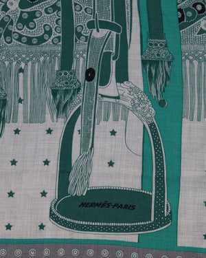 Hermès Green "Selle De Dignitaire" Print Square Cashmere and Silk Scarf Size 140 x 140cm RRP £1,210