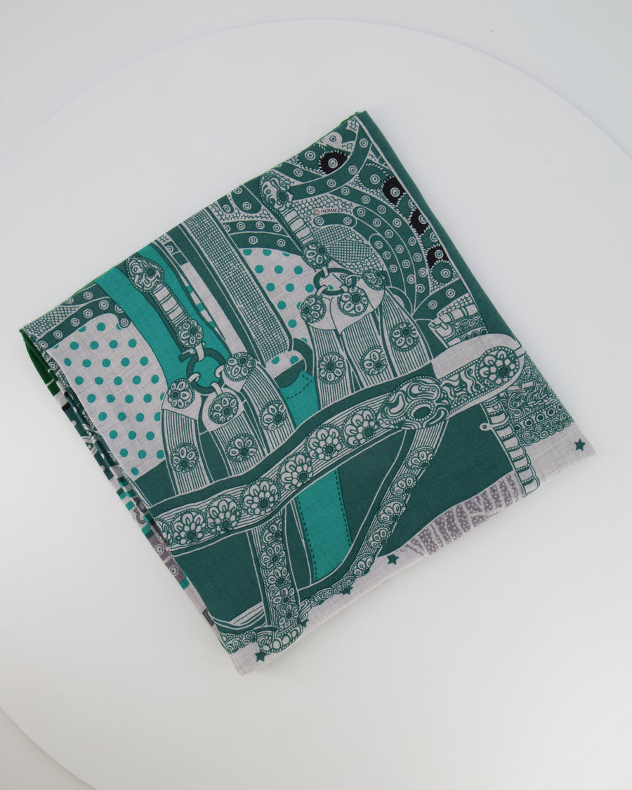 Hermès Green "Selle De Dignitaire" Print Square Cashmere and Silk Scarf Size 140 x 140cm RRP £1,210
