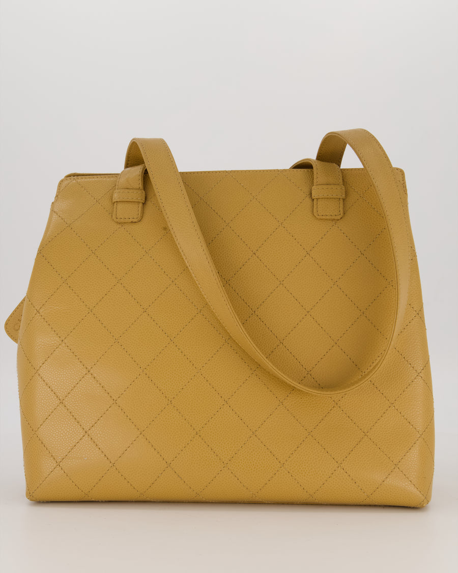 Chanel Beige Wild Stitch Quilted Tote Bag in Caviar Leather with Gold Hardware