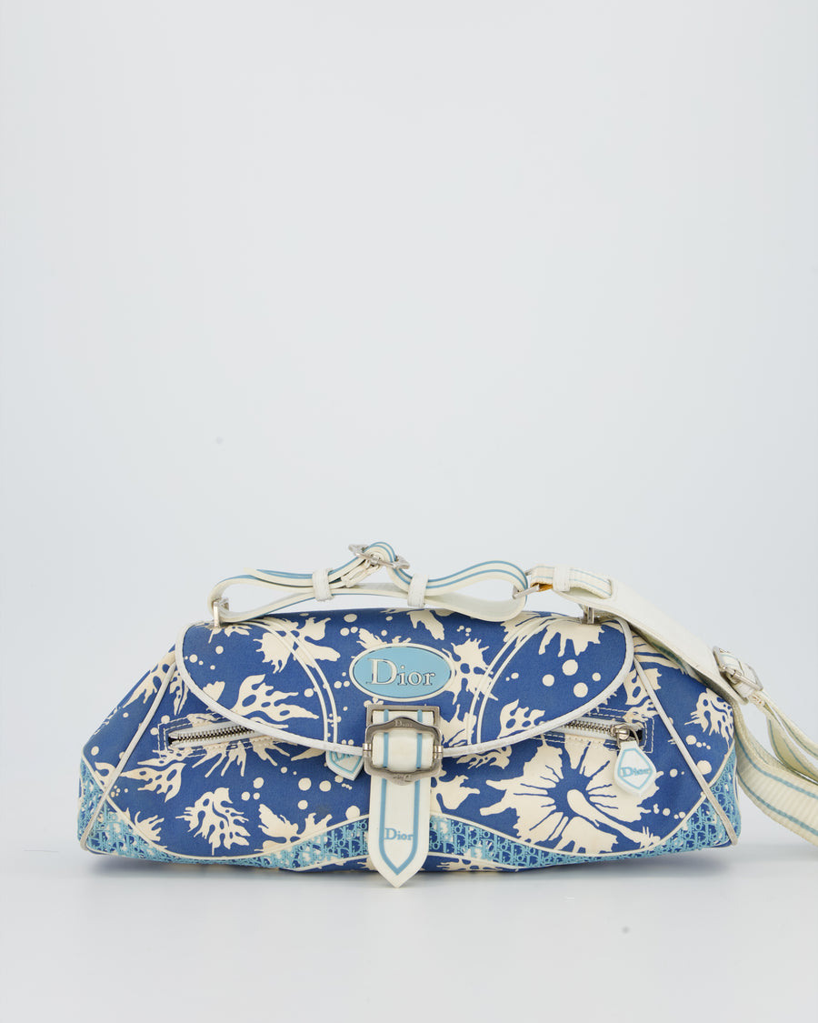 Christian Dior Vintage Surf Chick Shoulder Bag In Blue Canvas with Floral Details