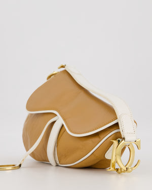 Christian Dior Vintage John Galliano Medium Saddle Bag in Brown in Lambskin Leather with Gold Hardware and White Trim