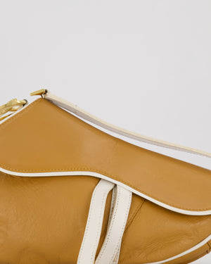 Christian Dior Vintage John Galliano Medium Saddle Bag in Brown in Lambskin Leather with Gold Hardware and White Trim