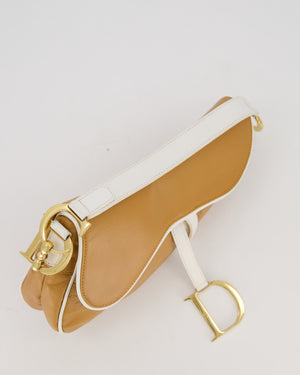 Christian Dior Vintage John Galliano Medium Saddle Bag in Brown in Lambskin Leather with Gold Hardware and White Trim