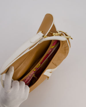 Christian Dior Vintage John Galliano Medium Saddle Bag in Brown in Lambskin Leather with Gold Hardware and White Trim