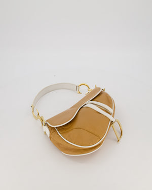 Christian Dior Vintage John Galliano Medium Saddle Bag in Brown in Lambskin Leather with Gold Hardware and White Trim